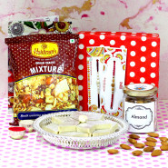 Rakhi Delicious Combo - Kaju Katli, Almond in Jar, Haldiram Namkeen, Premium Gift Box (P) with 2 Rakhi and Roli-Chawal