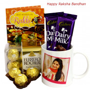 Lakho Ma Ek Behen (Gujarati) Personalized Photo Mug, Ferrero Rocher 16 Pcs, 2 Dairy Milk and Card