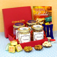 Gifts In Jar - Almond in Jar, Cashew in Jar, Raisin in Jar, Mix Bites in jar, Premium Gift Box (M) with 2 Rakhi and Roli-Chawal