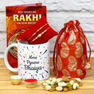 Dazzling Delight - Assorted Dryfruits in Potli (D), Personalized Mere Pyaare Bhaiya Photo Mug with 2 Rakhi and Roli-Chawal