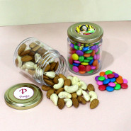 Attractive Present - Almond & Cashew in Personalized Jar, 10 Gems in Personalized Jar and Card