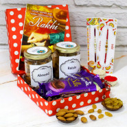 Dryfruit N Silk - Almond in Jar, Raisin in Jar, 2 Dairy Milk Silk, Premium Gift Box (P) with 2 Rakhi and Roli-Chawal