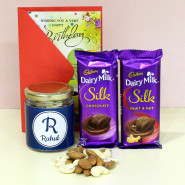 Superb Treat - Almond & Cashew in Personalized Jar, 2 Dairy Milk Silk and Card