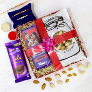 Best Treat - Assorted Dryfruits in Pouch, Personalized Happy Raksha Bandhan Dairy Milk Silk Chocolate Wrapper, Premium Gift Box (M) with 2 Rakhi and Roli-Chawal