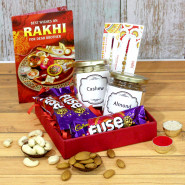 Rakhi Dryfruit N Fuse Box - Almond in Jar, Cashew in Jar, 3 Dairy Milk Fuse, Premium Gift Box (M) with 2 Rakhi and Roli-Chawal