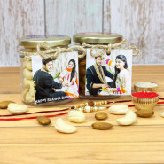 Dryfruit Joy  - Almond in Personalized Jar, Cashew in Personalized Jar with 2 Rakhi and Roli-Chawal
