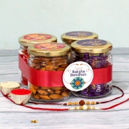 Choco Dryfruit Jar - Almond in Jar, Cashew in Jar, 10 Dairy Milk in Jar, 5 Kit Kat in Jar with 2 Rakhi and Roli-Chawal