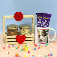 Wonderfully Pleased - Almond in Jar, Cashew in Jar, Happy Birthday Personalized Mug, 2 Dairy Milk, Decorative Wooden Tray and Card