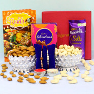 Joyfilled Box - Almond in Bowl, Cashew in Bowl, Mini Celebrations, Dairy Milk Silk, Premium Gift Box (M) with 2 Rakhi and Roli-Chawal