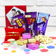 Delicious Bites - Mix Bites, Cashew in Pouch, Dairy Milk Fruit n Nut, Dairy Milk Crackle, Dairy Milk Butterscotch, Personalized Card with 2 Rakhi and Roli-Chawal