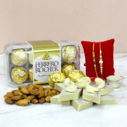Rocher Gifts - Kaju Katli, Ferrero Rocher 16 Pcs, Almond in Pouch with 2 Rakhi and Roli-Chawal