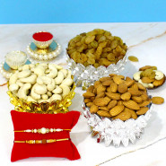 Basket of Dryfruit - Almond in Bowl, Cashew in Bowl, Raisin in Bowl with 2 Rakhi and Roli-Chawal
