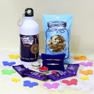 Sipper Bottle Combo - Happy Raksha Bandhan Personalized Sipper Bottle, Assorted Dryfruits in Pouch, 4 Dairy Milk with 2 Rakhi and Roli-Chawal