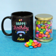 Memory Creation - 10 Gems in Jar, Happy Birthday Personalized Black Mug and Card
