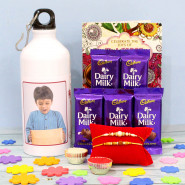 Personalized Bottle Combo - Happy Raksha Bandhan Personalized Sipper Bottle, 5 Dairy Milk with 2 Rakhi and Roli-Chawal