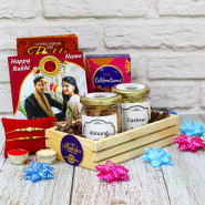 Tray of Happiness - Almond in Jar, Cashew in Jar, Mini Celebrations, Happy Rakhi Personalized Tile, Wooden Tray with 2 Rakhi and Roli-Chawal