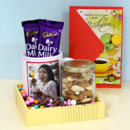 Luxurious Treat - Almond & Cashew in Jar, Happy Birthday Personalized Mug, 2 Dairy Milk, Wooden Tray and Card