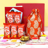 Delightful Box - Almond in Potli (D), 5 Kit Kat, Personalized Card, Premium Gift Box (M) with 2 Rakhi and Roli-Chawal