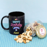 Alluring Feast - Almond & Cashew in Personalized Jar, Happy Birthday Personalized Black Mug and Card
