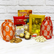 Rocher Bliss - Kaju Mix, Ferrero Rocher 16 Pcs, Almond in Potli (D), Cashew in Potli (D) with 2 Rakhi and Roli-Chawal