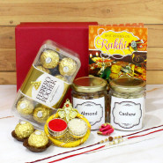 Rocher Charm - Ferrero Rocher 16 Pcs, Almond in Jar, Cashew in Jar, Auspicious Ganesha Thali with Pearls, Premium Gift Box (M) with 2 Rakhi and Roli-Chawal