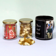 Luscious Mellow - Cashew & Raisin in Jar, 5 Kit Kat in Jar, Personalized Black Photo Mug and Card