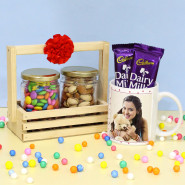 Satisfying and Tasty - Almond & Pista in Jar, 5 Gems in Jar, Personalized Photo Mug, Decorative Wooden Tray and Card