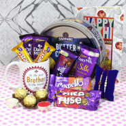 Toothsome Gift - To The Best Brother In The World Personalized Mug, Sapphire Butter Cookies, Ferrero Rocher 4 Pcs, Dairy Milk Silk, Dairy Milk Fruit n Nut, Dairy Milk Crispello, 2 Dairy Milk Fuse, 2 Dairy Milk, 2 Five Star with 2 Rakhi and Roli-Chawal