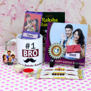 Splendid Gift - Happy Raksha Bandhan Personalized Tile, Number 1 Bro Personalized Mug, Dairy Milk Silk Bar in Personalized Wrapper, Photo Keychain, Personalized Card with 2 Rakhi and Roli-Chawal