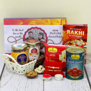Sweetness Overloaded - Cadbury Celebration Personalized Wrapper, Almond in Personalized Jar, Cashew in Personalized Jar, Haldiram Soan Papdi, Haldiram Gulab Jamun, Basket with 2 Rakhi and Roli-Chawal
