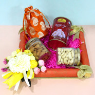 Tender of Joy - Almond in Jar, Cashew in Jar, Haldiram's Rasgulla Tin in Potli (D), Tray and Card