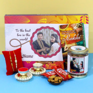 Rakhi Surprise Gift - Cadbury Celebration Personalized Wrapper, Almond in Personalized Jar, 2 Kit Kat with 2 Rakhi and Roli-Chawal