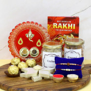 Craving For Rocher - Kaju Katli, Ferrero Rocher 4 Pcs, Almond in Jar, Cashew in Jar, Designer Ganesh Thali with 2 Rakhi and Roli-Chawal