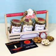 Festive Fervour - Almond in Jar, Cashews in Jar, Raisin in Jar, Decorative Wooden Tray, Personalized Card and Laxmi-Ganesha Coin