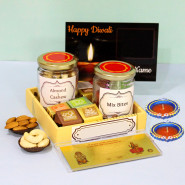 Heavenly Crazy - Almond & Cashews in Jar, Mix Bite in Jar, Gold Plated Laxmi Ganesha Photo Frame, Wooden Tray, Personalized Card with 2 Diyas