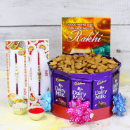 Happiness of Rakhi - 10 Dairy Milk, Almond in Pouch with 2 Rakhi and Roli-Chawal