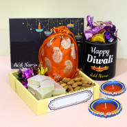 Tasteful Delight - Almond in Potli (D), Kaju Katli, Hand Made Chocolate, Personalized Black Photo Mug, Personalized Card with 2 Diyas and Wooden Tray