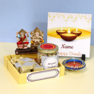 Magnetic Feast - Almond & Cashews in Jar, Kaju Katli, Personalized Tile, Laxmi Ganesha Idol with Diyas and Wooden Tray