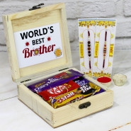 Sibling Bliss - Dairy Milk Fruit n Nut, Kitkat, Fivestar, Dairy Milk, Personalized Wooden Box with 2 Rakhi and Roli-Chawal