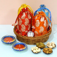Luring Divine - Almond in Potli (D), Cashews in Potli (D), Raisin in Potli (D), Pista in Potli (D), Basket, with 2 Diyas and Laxmi-Ganesha Coin