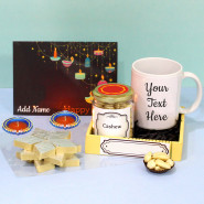 Crunchy Sweetness - Kaju Katli, Cashews in Jar, Personalized Photo Mug, Wooden Tray with 2 Diyas and Personalized Card
