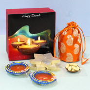 Diwali Celebration - Kaju Katli, Cashews in Potli (D) with 2 Diyas and Premium Gift Box (M)