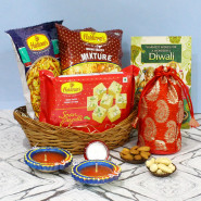 Affectionate Token - Soan Papdi, Almond & Cashews in Potli (D), 2 Haldiram's Namkeen, Basket with 2 Diyas and Laxmi-Ganesha Coin
