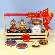 Charming Delight - Laxmi Ganesha Idol, Almond & Cashews in Jar, Decorative Wooden Tray with 2 Diyas