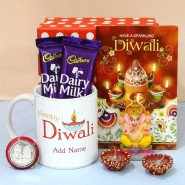 Diwali Mug with Idol - Happy Diwali Personalized Photo Mug, Ganesha Idol, 2 Dairy Milk with 2 Diyas, Laxmi-Ganesha Coin and Premium Gift Box (P)