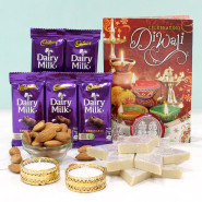 Diwali Sweet Delight - Kaju Katli, Almond in Pouch, 5 Dairy Milk with 2 Decorative Golden Diyas and Laxmi-Ganesha Coin