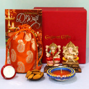 Healthy Diwali Wishes - Almond in Potli (D), Laxmi Ganesha Idol with Diyas, Laxmi-Ganesha Coin and Premium Gift Box (M)