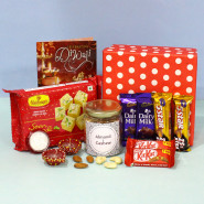 Diwali Delightful - Almond & Cashew in Jar, Soan Papdi, 2 Dairy Milk, 2 Five Star, 2 Kit Kat with 2 Diyas, Laxmi-Ganesha Coin and Premium Gift Box (P)