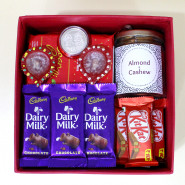 Diwali Combo Delight - Soan Papdi, Almond & Cashew in Jar, 3 Dairy Milk, 3 Kit Kat with 2 Diyas, Laxmi-Ganesha Coin and Premium Gift Box (M)