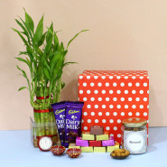 Yummy Sweets with Plant - Mix Bite, Almond in Jar, 2 Layer Bamboo Plant, 2 Dairy Milk with 2 Diyas, Laxmi-Ganesha Coin and Premium Gift Box (P)